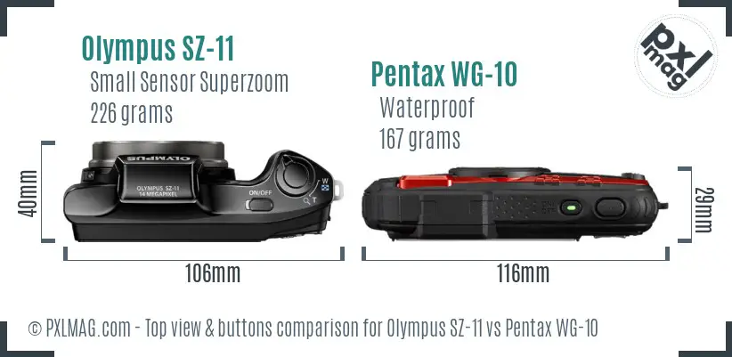 Olympus SZ-11 vs Pentax WG-10 top view buttons comparison
