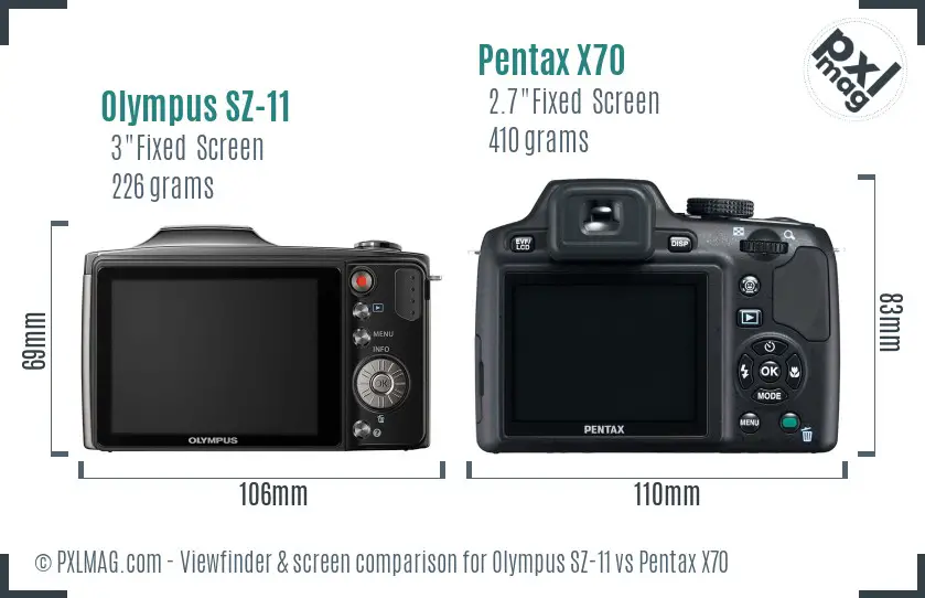 Olympus SZ-11 vs Pentax X70 Screen and Viewfinder comparison