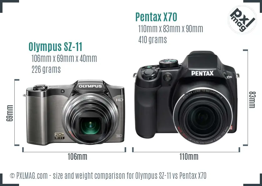 Olympus SZ-11 vs Pentax X70 size comparison