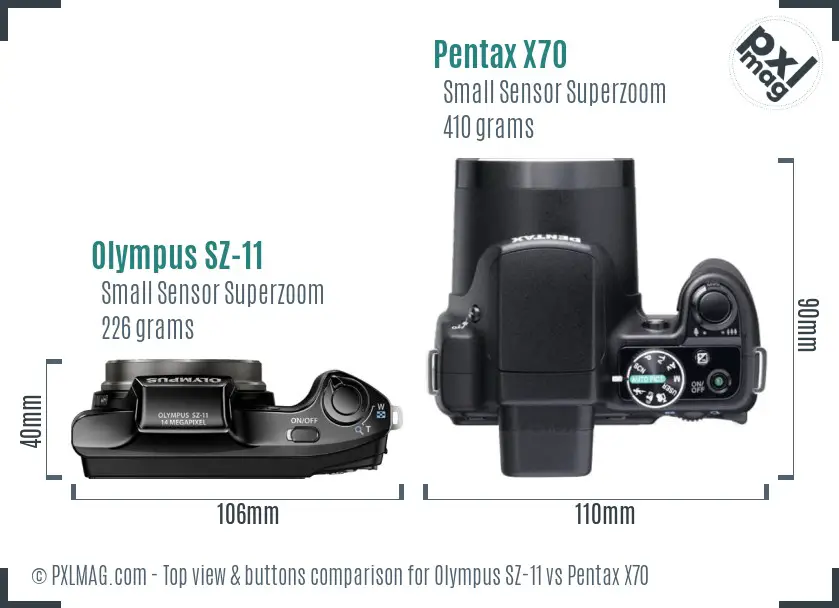 Olympus SZ-11 vs Pentax X70 top view buttons comparison