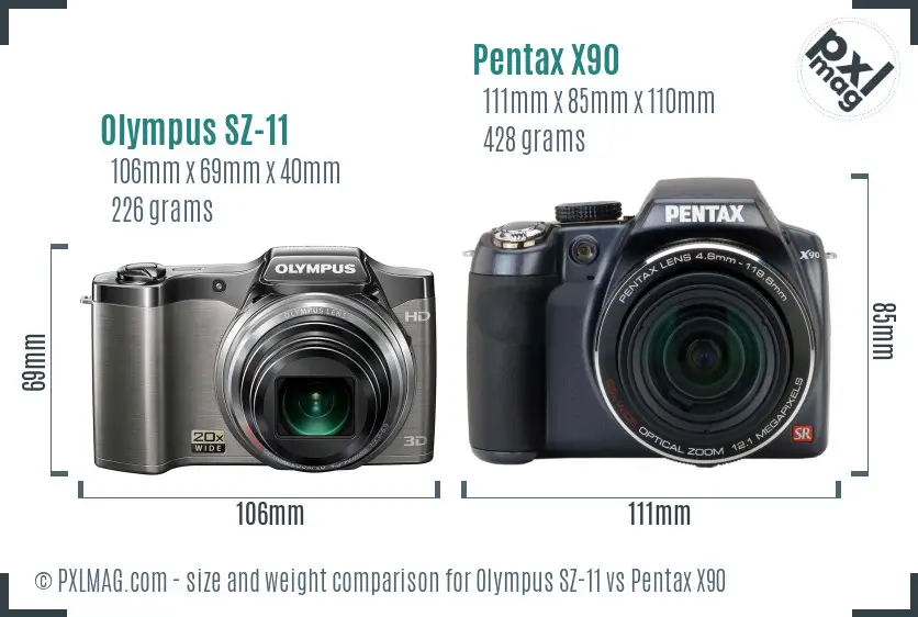 Olympus SZ-11 vs Pentax X90 size comparison
