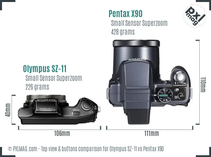 Olympus SZ-11 vs Pentax X90 top view buttons comparison