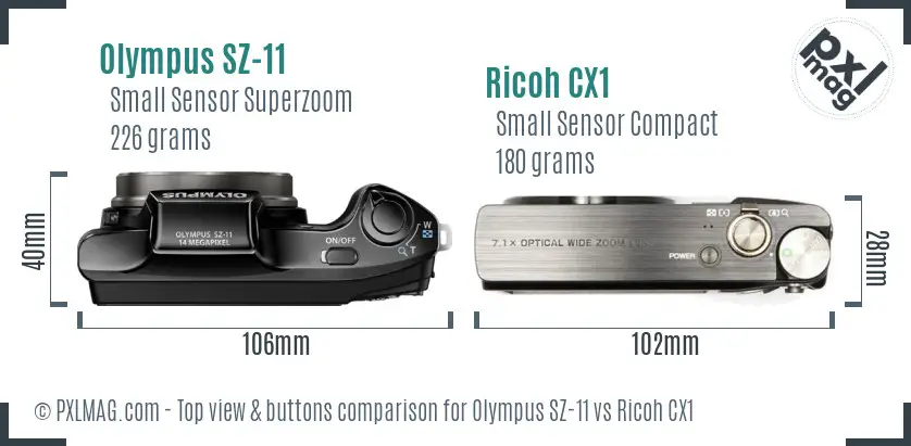 Olympus SZ-11 vs Ricoh CX1 top view buttons comparison Olympus SZ-11 vs Ricoh CX1 top view buttons comparison