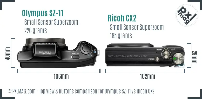 Olympus SZ-11 vs Ricoh CX2 top view buttons comparison Olympus SZ-11 vs Ricoh CX2 top view buttons comparison