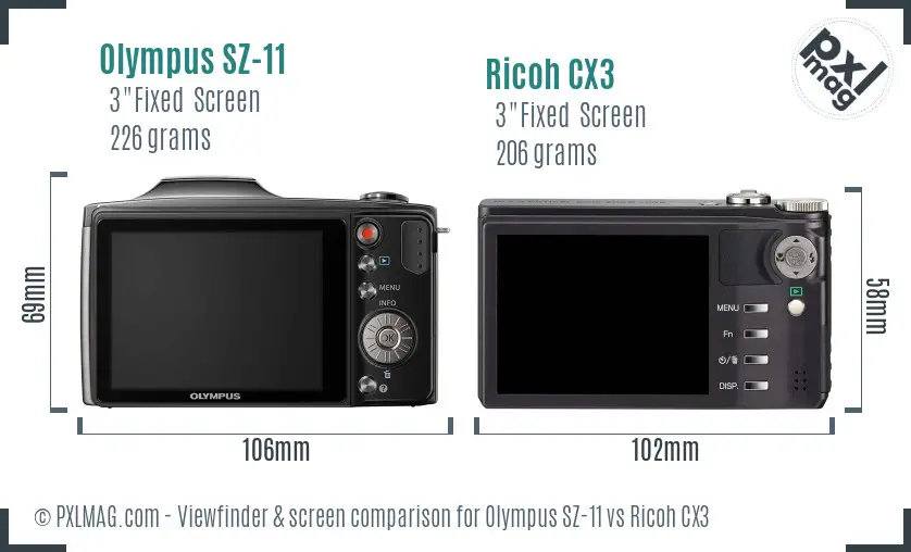 Olympus SZ-11 vs Ricoh CX3 Screen and Viewfinder comparison