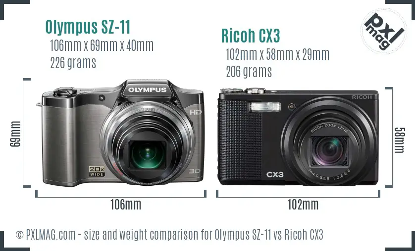 Olympus SZ-11 vs Ricoh CX3 size comparison