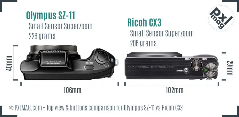 Olympus SZ-11 vs Ricoh CX3 top view buttons comparison