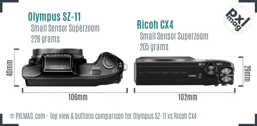 Olympus SZ-11 vs Ricoh CX4 top view buttons comparison