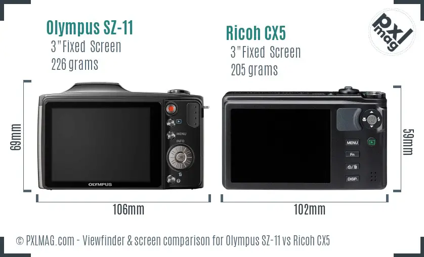 Olympus SZ-11 vs Ricoh CX5 Screen and Viewfinder comparison