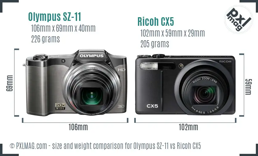 Olympus SZ-11 vs Ricoh CX5 size comparison