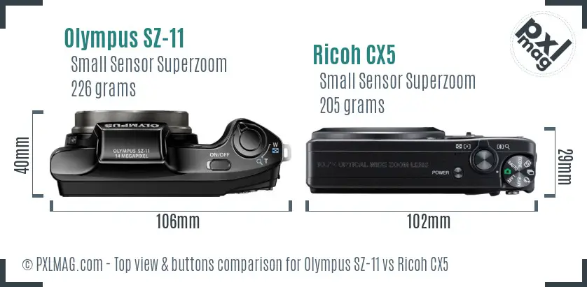 Olympus SZ-11 vs Ricoh CX5 top view buttons comparison