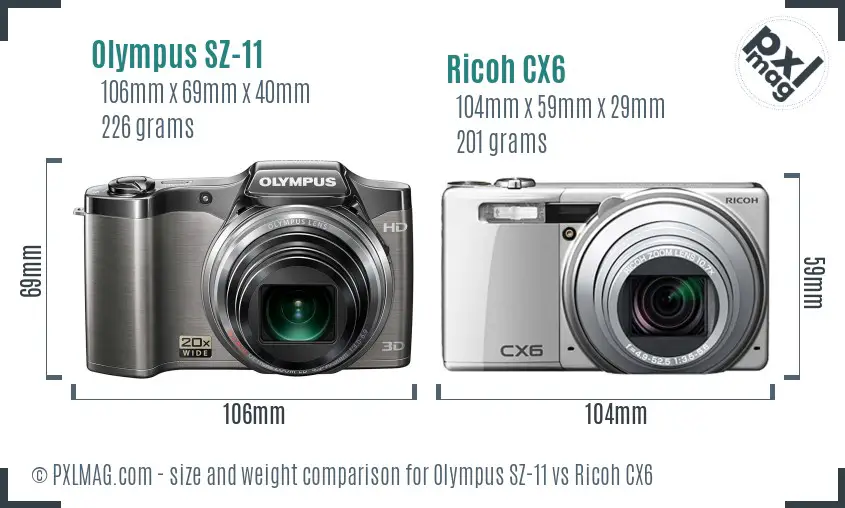 Olympus SZ-11 vs Ricoh CX6 size comparison