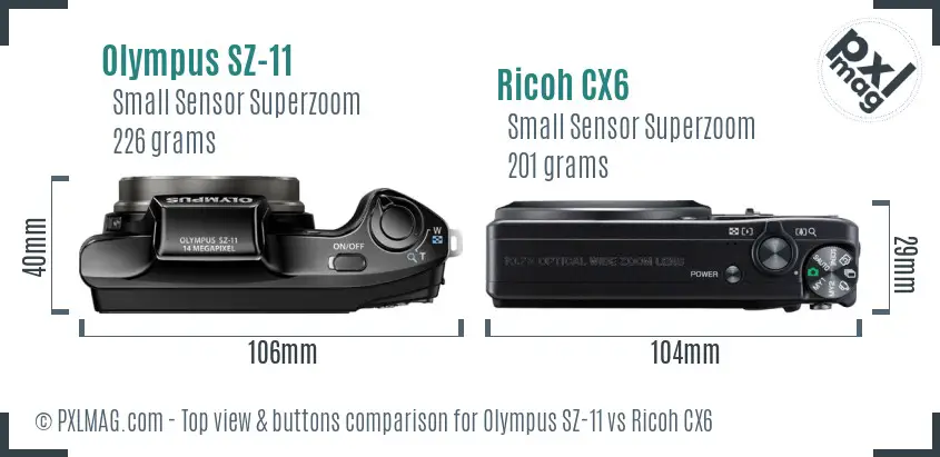 Olympus SZ-11 vs Ricoh CX6 top view buttons comparison