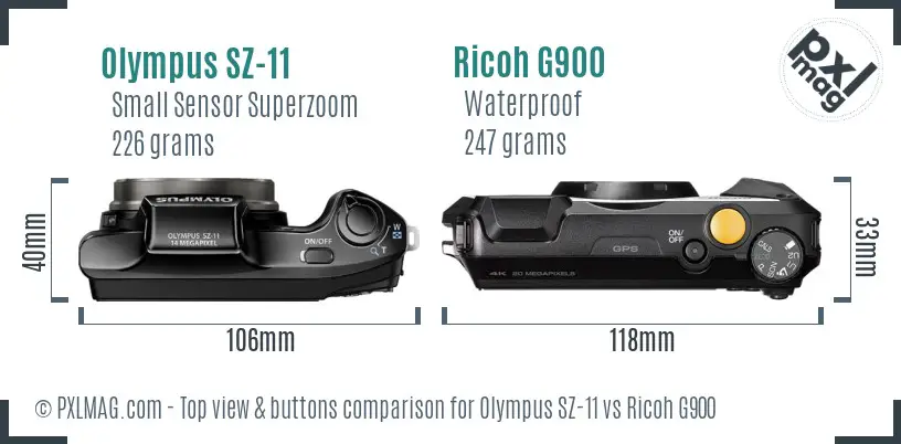 Olympus SZ-11 vs Ricoh G900 top view buttons comparison