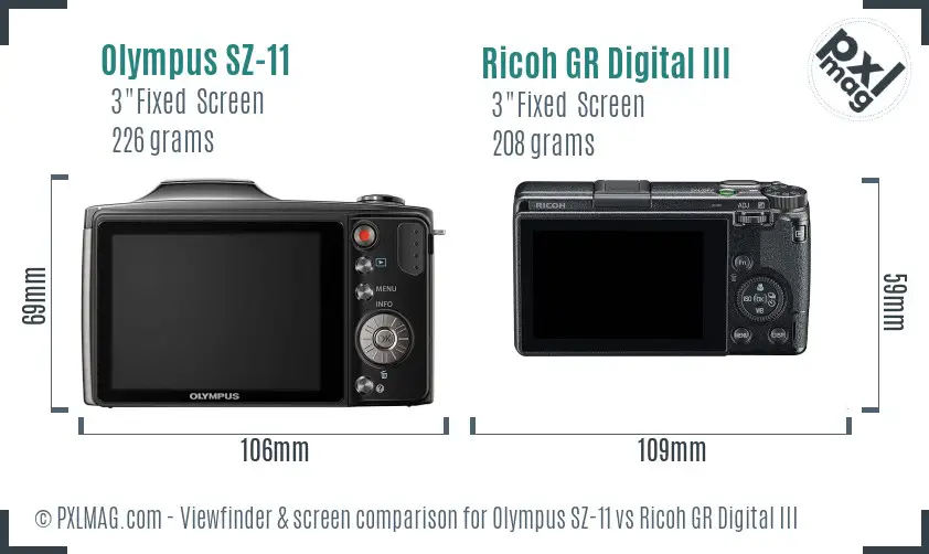 Olympus SZ-11 vs Ricoh GR Digital III Screen and Viewfinder comparison