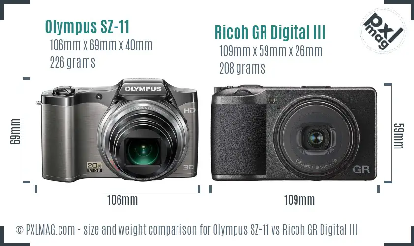 Olympus SZ-11 vs Ricoh GR Digital III size comparison