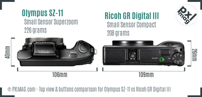 Olympus SZ-11 vs Ricoh GR Digital III top view buttons comparison