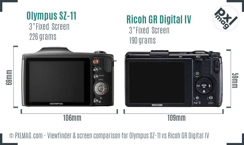Olympus SZ-11 vs Ricoh GR Digital IV Screen and Viewfinder comparison