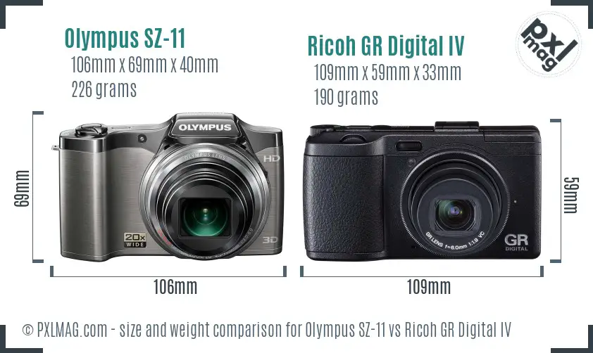 Olympus SZ-11 vs Ricoh GR Digital IV size comparison