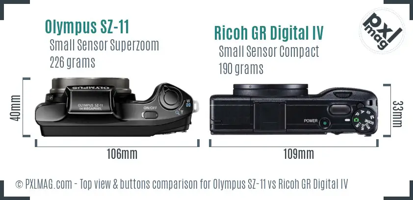 Olympus SZ-11 vs Ricoh GR Digital IV top view buttons comparison