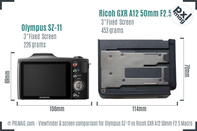 Olympus SZ-11 vs Ricoh GXR A12 50mm F2.5 Macro Screen and Viewfinder comparison