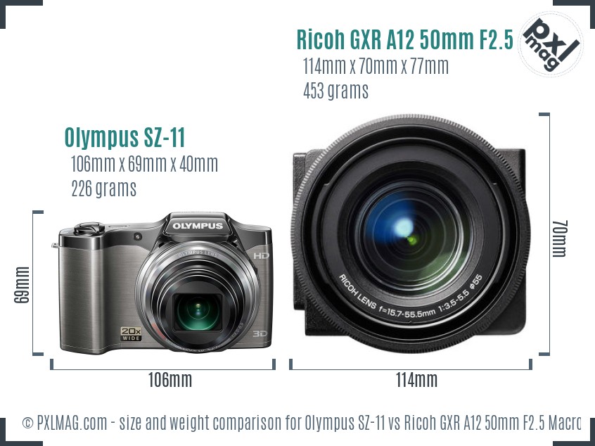 Olympus SZ-11 vs Ricoh GXR A12 50mm F2.5 Macro size comparison