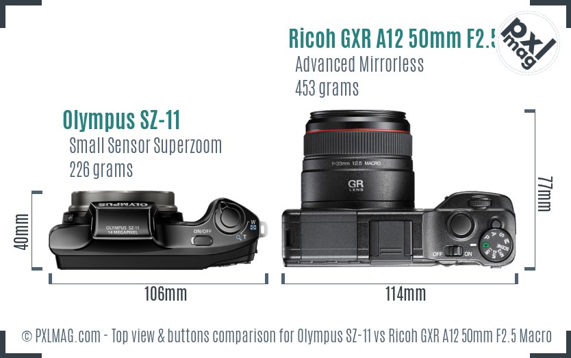 Olympus SZ-11 vs Ricoh GXR A12 50mm F2.5 Macro top view buttons comparison