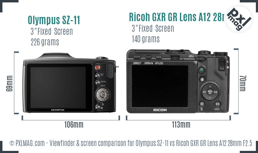Olympus SZ-11 vs Ricoh GXR GR Lens A12 28mm F2.5 Screen and Viewfinder comparison