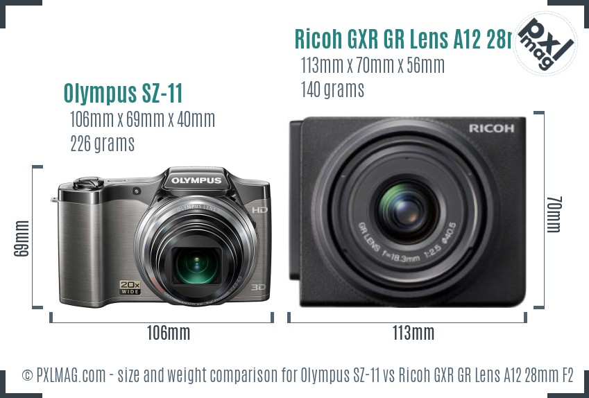 Olympus SZ-11 vs Ricoh GXR GR Lens A12 28mm F2.5 size comparison Olympus SZ-11 vs Ricoh GXR GR Lens A12 28mm F2.5 size comparison