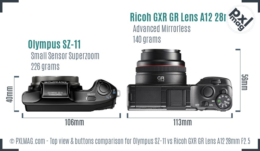 Olympus SZ-11 vs Ricoh GXR GR Lens A12 28mm F2.5 top view buttons comparison