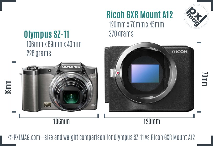 Olympus SZ-11 vs Ricoh GXR Mount A12 size comparison Olympus SZ-11 vs Ricoh GXR Mount A12 size comparison