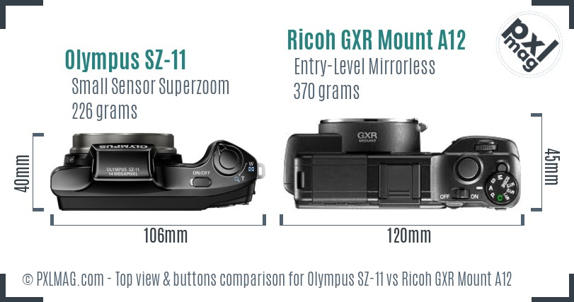 Olympus SZ-11 vs Ricoh GXR Mount A12 top view buttons comparison