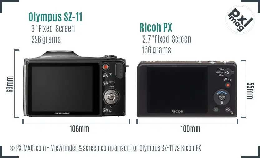 Olympus SZ-11 vs Ricoh PX Screen and Viewfinder comparison