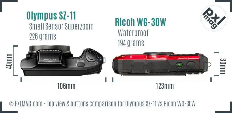 Olympus SZ-11 vs Ricoh WG-30W top view buttons comparison