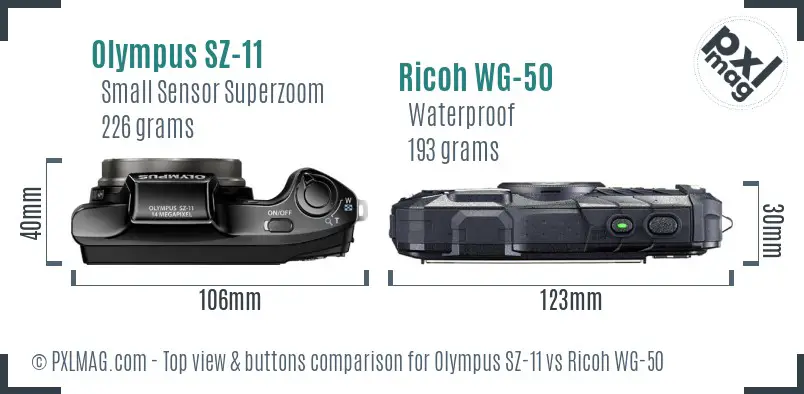 Olympus SZ-11 vs Ricoh WG-50 top view buttons comparison