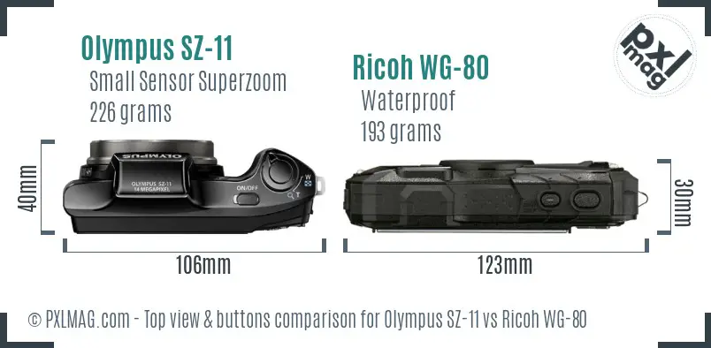 Olympus SZ-11 vs Ricoh WG-80 top view buttons comparison Olympus SZ-11 vs Ricoh WG-80 top view buttons comparison