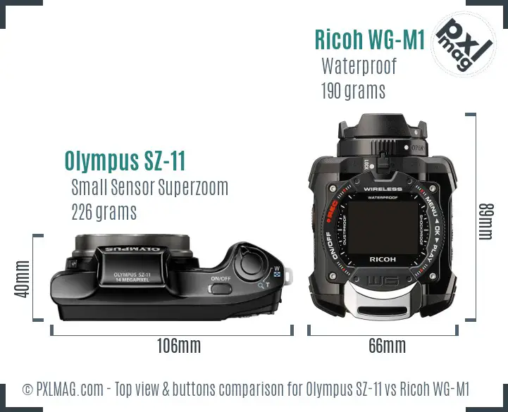 Olympus SZ-11 vs Ricoh WG-M1 top view buttons comparison