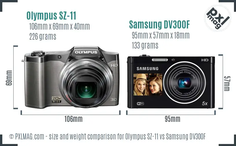 Olympus SZ-11 vs Samsung DV300F size comparison