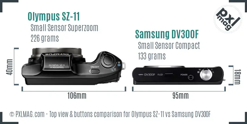 Olympus SZ-11 vs Samsung DV300F top view buttons comparison