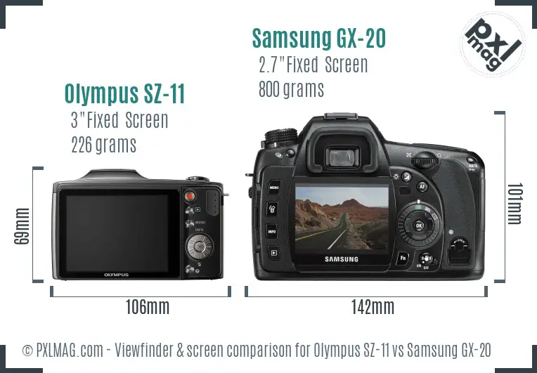 Olympus SZ-11 vs Samsung GX-20 Screen and Viewfinder comparison