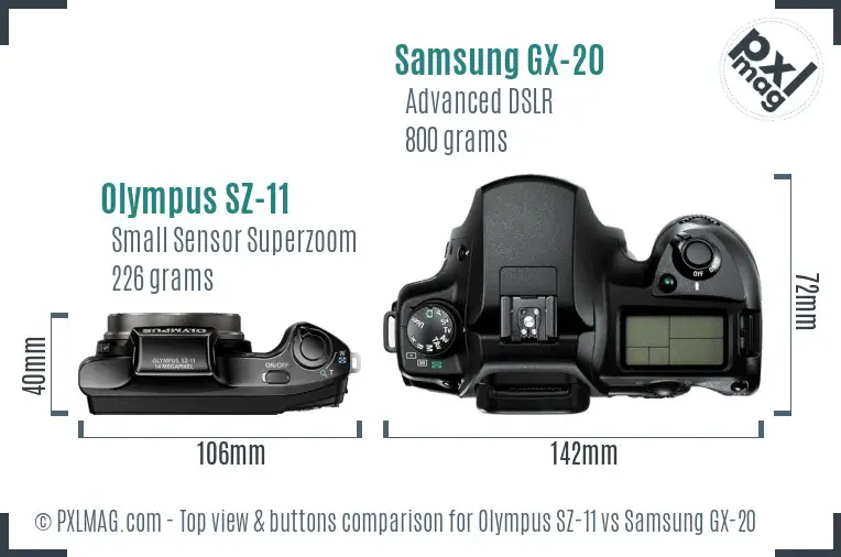 Olympus SZ-11 vs Samsung GX-20 top view buttons comparison