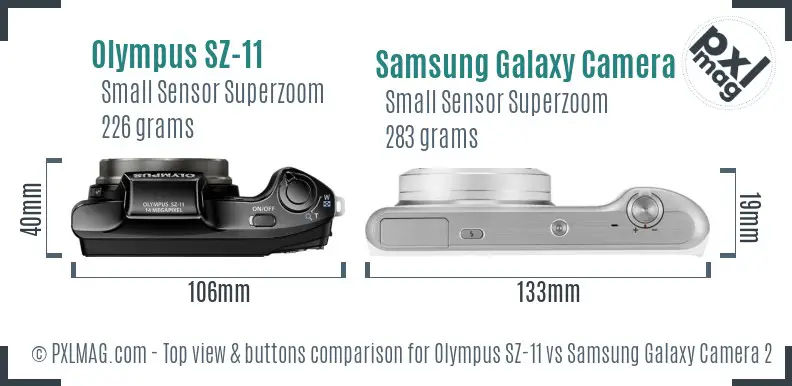 Olympus SZ-11 vs Samsung Galaxy Camera 2 top view buttons comparison