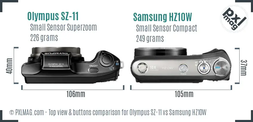 Olympus SZ-11 vs Samsung HZ10W top view buttons comparison