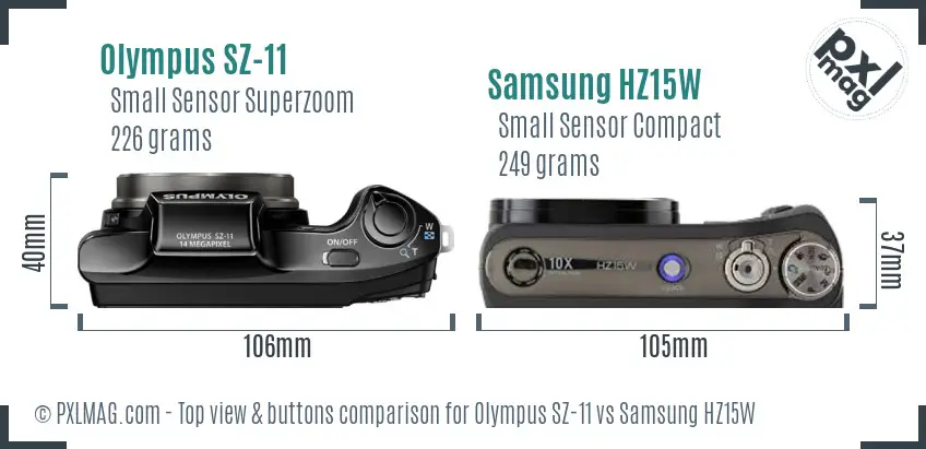 Olympus SZ-11 vs Samsung HZ15W top view buttons comparison