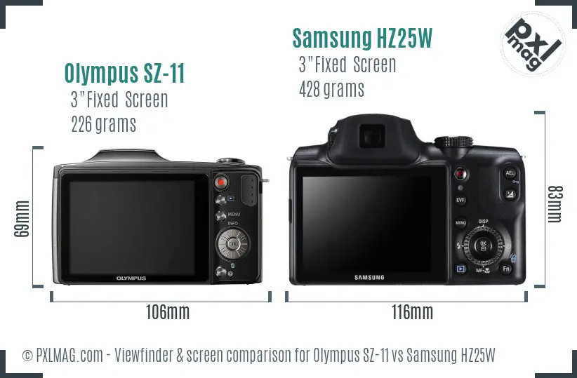Olympus SZ-11 vs Samsung HZ25W Screen and Viewfinder comparison