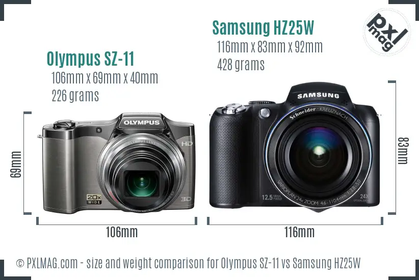 Olympus SZ-11 vs Samsung HZ25W size comparison
