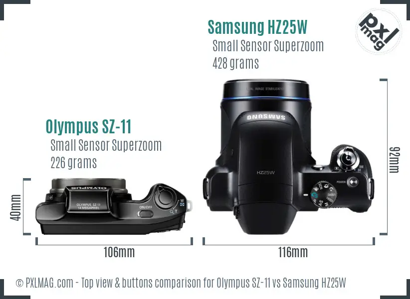 Olympus SZ-11 vs Samsung HZ25W top view buttons comparison