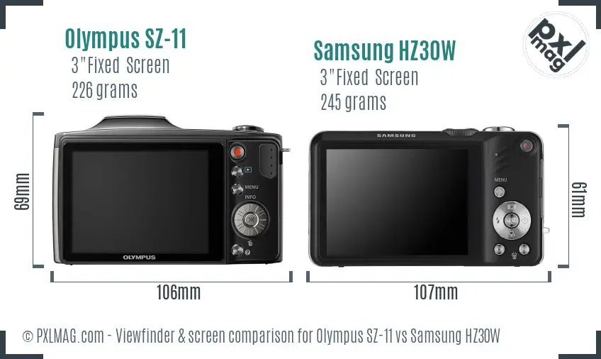 Olympus SZ-11 vs Samsung HZ30W Screen and Viewfinder comparison