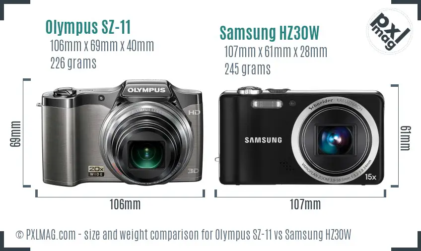 Olympus SZ-11 vs Samsung HZ30W size comparison