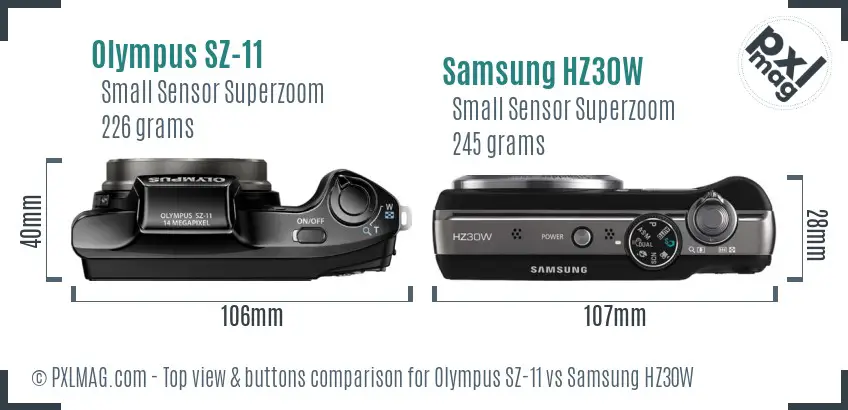 Olympus SZ-11 vs Samsung HZ30W top view buttons comparison